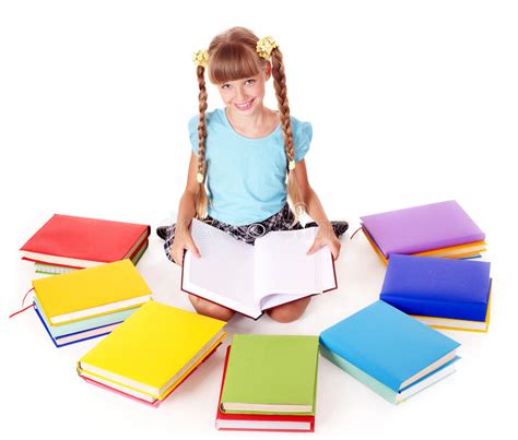 Child With Pile Of Books Reading On Floor Stock Image Image Of Happy