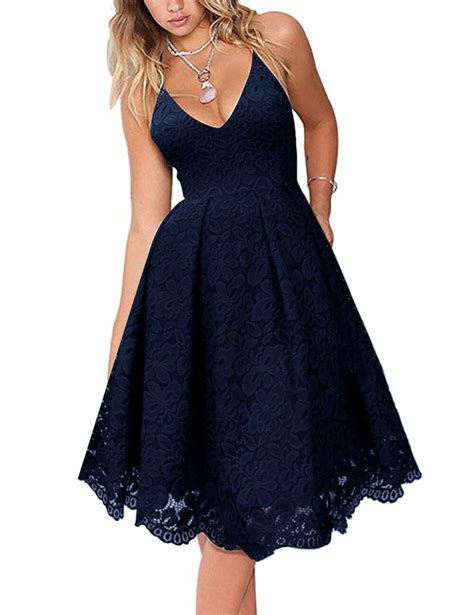 Merokeety Womens Lace Floral V Neck Spaghetti Straps Backless Cocktail A Line Dress For Party