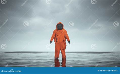 Mysterious Hazmat NBC Suit With Gas Mask Standing In Water With Black