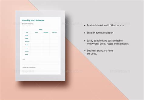 Monthly Work Schedule Template In Word Excel Apple Pages Numbers