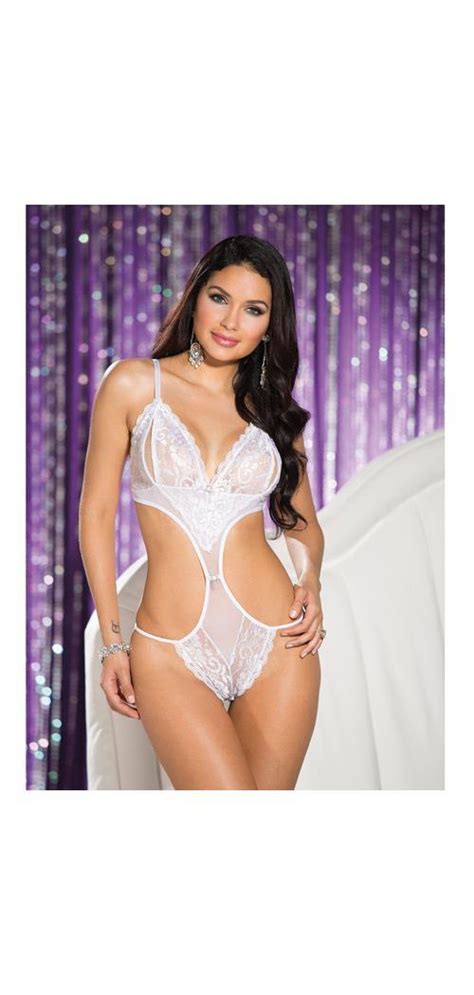 stretch lace and mesh open bust teddy white