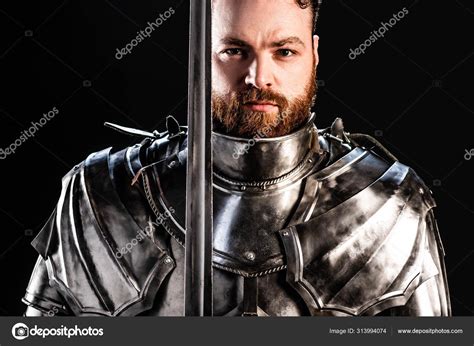 Handsome Knight Armor Holding Sword Isolated Black — Stock Photo