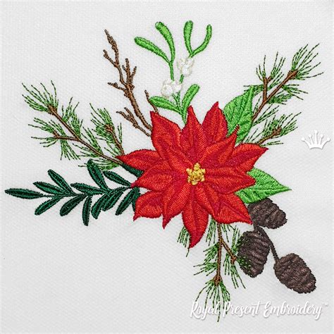 Mistletoe And Poinsettia Corner Machine Embroidery Design 2 Sizes