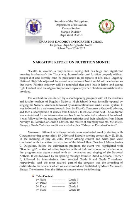 Narrative Report On Nutrition Month 2016