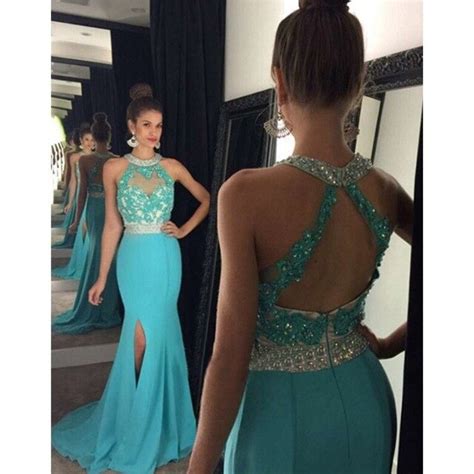 fashion halter turquoise mermaid prom dresses long 2019 new applique beads side slit chiffon