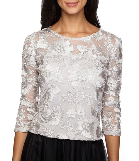 alex evenings illusion crew neck 3 4 sleeve embroidered floral lace top dillard s evening