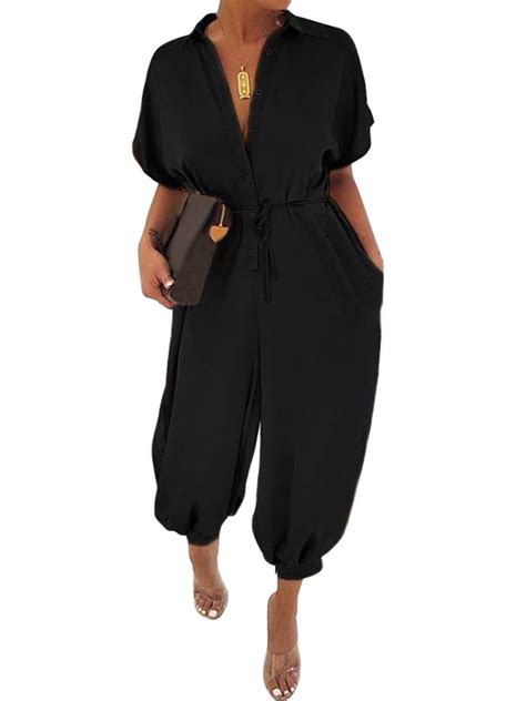 Women Plus Size Loose Baggy Fit Short Sleeve Jumpsuits Belted Long Romper Trousers Black