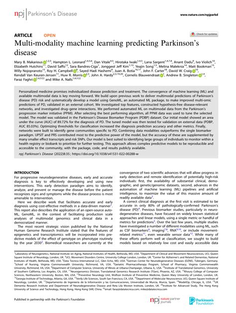 Pdf Multi Modality Machine Learning Predicting Parkinsons Disease