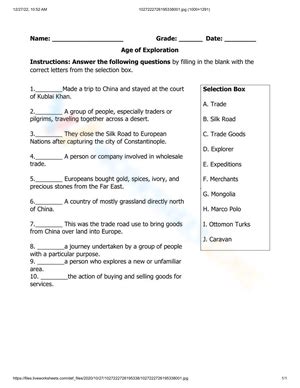 Free Printable Age Of Exploration Worksheet PDF Answers