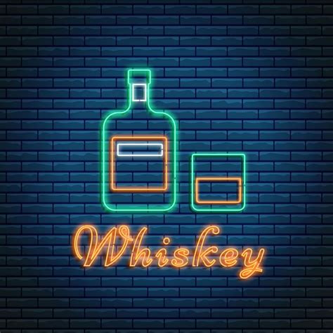 Whisky Flasche Und Glas Mit Schriftzug Im Neon Stil Auf Backstein