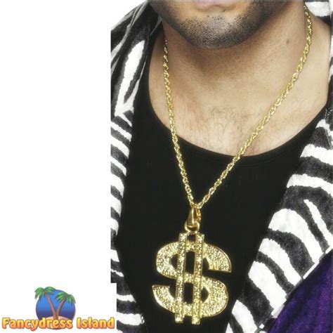 Gold Dollar Sign Medallion Necklace Chav Gangster 1970`s Fancy Dress