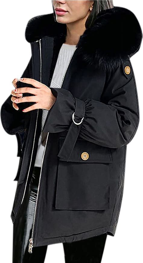 Amz Women Warm Faux Fur Hooded Jacket Long Sleeves Fleece Lined