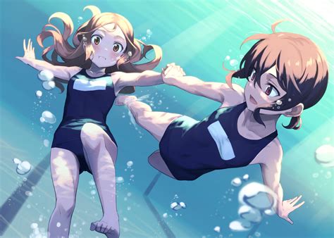 2girls barefoot blush brown eyes brown hair bubbles kinta distortion long hair original pool