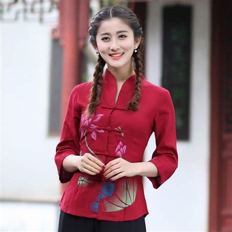 red chinese women s linen cotton tops t shirt blouse cheongsam sz 6 16 cotton clothes