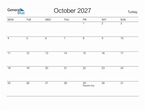 Printable October 2027 Monthly Calendar With Holidays For Turkey
