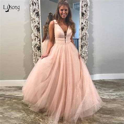 Chic Blush Pink Shiny Tulle Prom Dresses Sexy Backless Deep V Neck A Line Prom Gowns Beaded