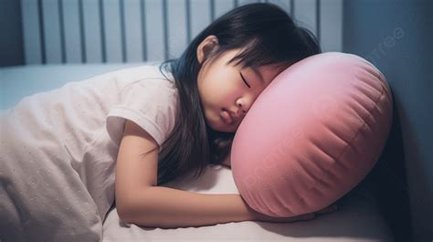 فتاة آسيوية شابة تنام على السرير مع وسادة وردية فتاة تنام على وسادة