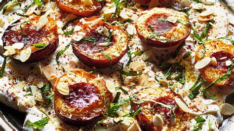 roasted nectarines with labneh herbs and honey recipe epicurious
