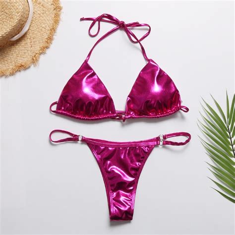 Happyshark 2018 New Shiny Fabric Brazilian Bikinis Set Micro Thong
