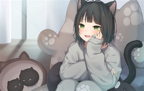 Download 1800x1149 Anime Cat Girl Black Hair Tail Animal Ears Short