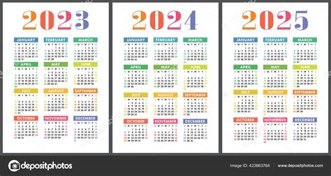 Calendar 2023 2024 2025 English Colorful Vector Set Vertical Wall Stock