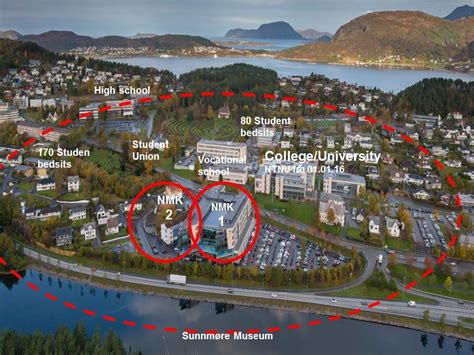 The colorful houses on the coast, surrounded with . Campus Ålesund - Norsk Maritimt Kompetansesenter AS