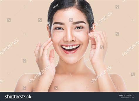 Beautiful Woman Cares Skin Face Posing Stock Photo 1096842719