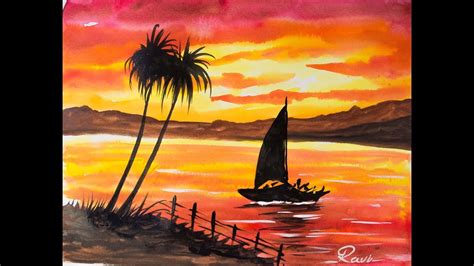 Sunset Landscape Easy Watercolor Painting Youtube