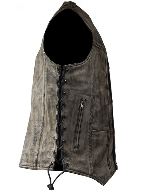 Mens Distressed Brown Naked Cowhide Leather Vest With 10 Pockets MLSV4