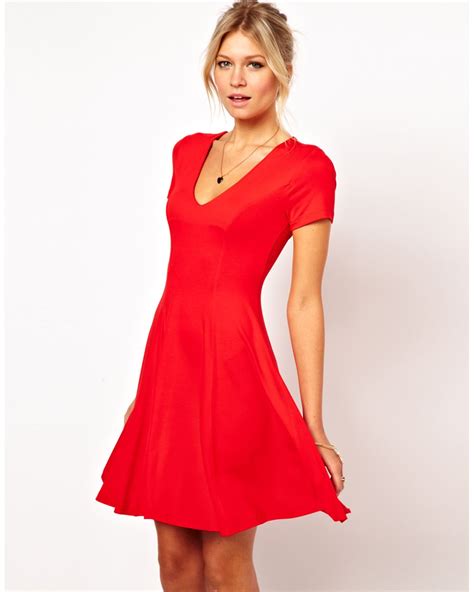 Asos Collection Skater Dress With V Neck And Short Sleeves In Red Lyst
