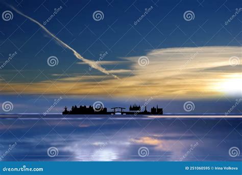 Amsterdam City Silhouette Night Town On Horizon Dramatic Blue Lilac