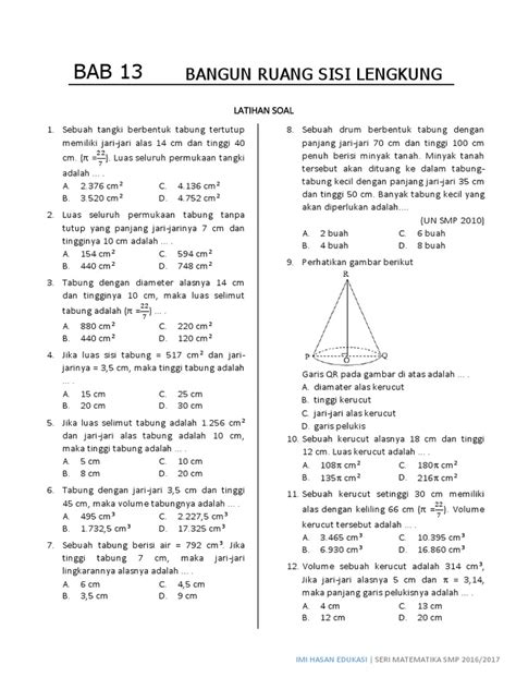 Soal Bangun Ruang Sisi Lengkung Smp Kelas 9 Pdf Ilmu Pelajaran