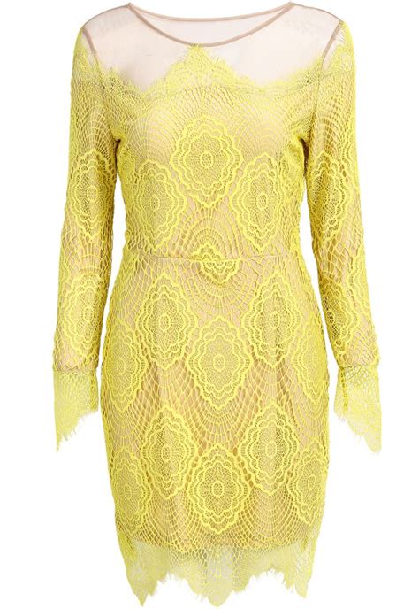Yellow Long Sleeve Floral Crochet Lace Bodycon Dress 4083 Bodycon