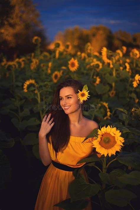 Romantic Summer Portrait Of A Young Beautiful Girl With Sunflowers Stock Image Image Of