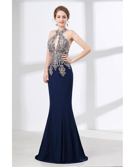 Halter Tight Mermaid Prom Dress Navy Blue With Applique