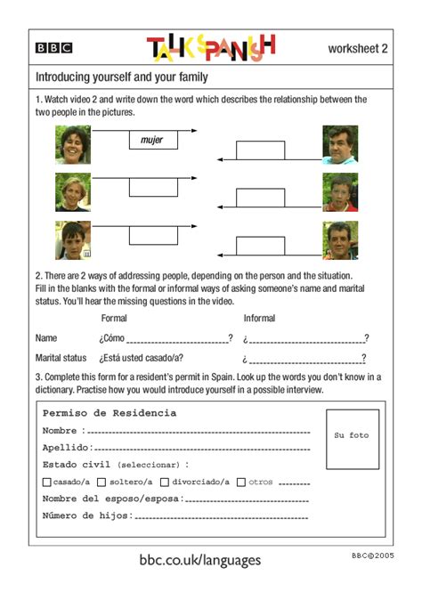 All about me video ) stop the video after 40 seconds introduces some greetings (with audio) using the go over the 5 to access the complete version of this ks2 planning, and all of the speaking sample test with examiner s comments this document will help you familiarise yourself with the speaking. BBC - Languages - Talk Spanish - Introducing yourself and your family - Worksheet