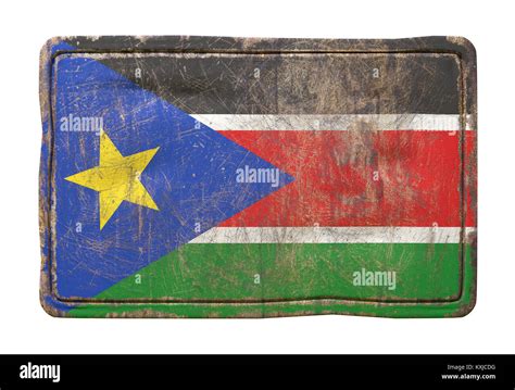 representación 3d de una bandera de sudán del sur sobre una placa metálica oxidada aislado