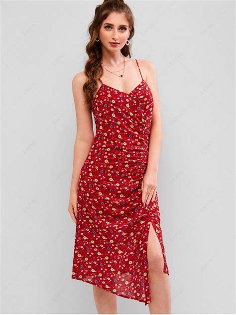 21 Off 2021 Zaful Floral Ruched Slit Asymmetrical Dress In Red Zaful