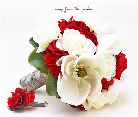 If opting for deep red roses you will want to stick to pink and white toned flowers to complement them. Winter Wedding Bridal Bouquet with Silk Magnolias and ...