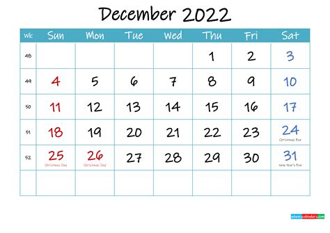 Printable December 2022 Calendar Pdf Template Ink22m72 Gambaran