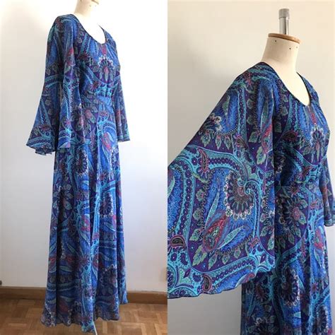 vintage 1970s psychedelic maxi dress 70s hostess dress gem