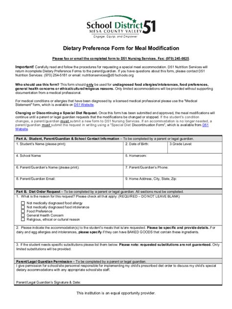 Fillable Online Meal Modification Dietary Preference Form Instructions