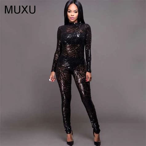 Black Glitter Sequin Bodysuit Sexy Rompers Womens Jumpsuit Bodies