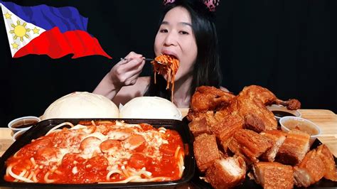 Eating Filipino Food Mami King Spaghetti Lechon Kawali Crispy Chicken Siopao Mukbang Asmr