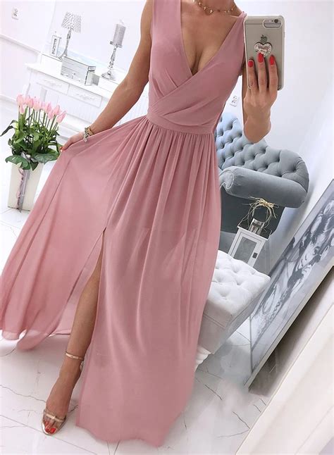 Sexy A Line V Neck Pink Chiffon Long Promevening Dress With Split Front · Beautylady · Online