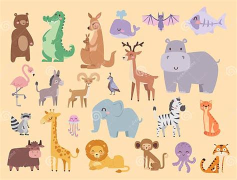 Cute Zoo Cartoon Animals Isolated Funny Wildlife Learn Cute Language