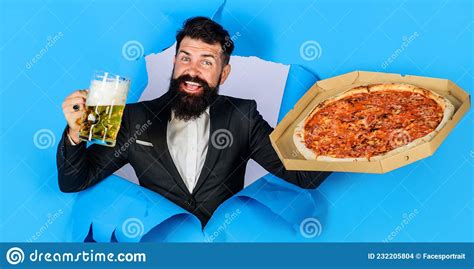 Restaurant Or Pizzeria Smiling Man With Pizza And Beer Looking Through