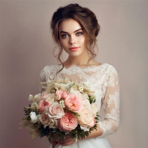 Premium Ai Image A Woman In A White Dress Holds A Bouquet Of Flowers
