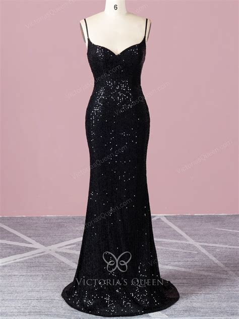 Vq Sparkly Black Stripe Sequin Thin Strap Sheath Prom Dress