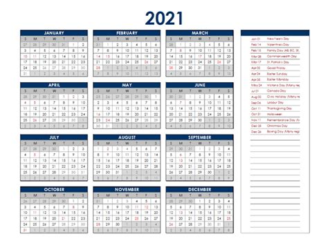 2021 Canada Annual Calendar With Holidays Free Printable Templates